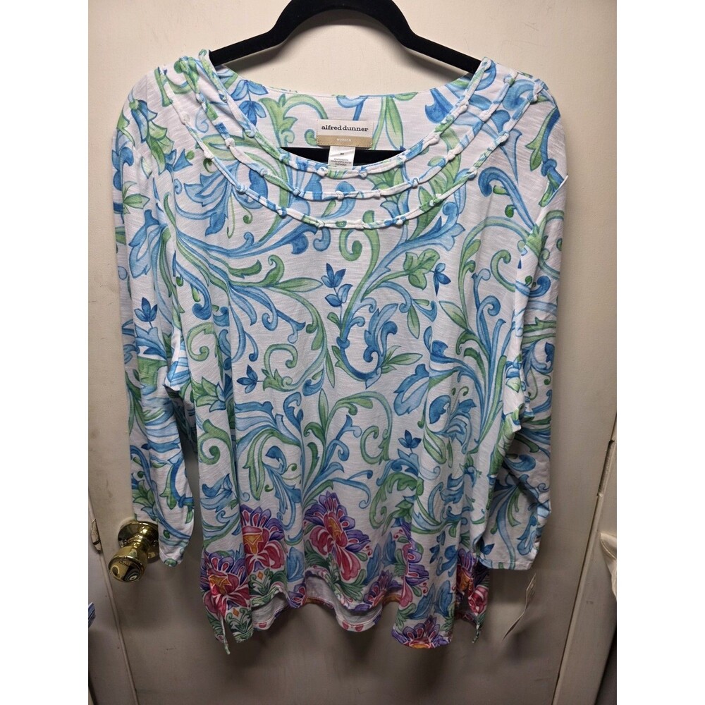 NWT ALFRED DUNNER DELIGHTFUL BLUES MIXED WATERCOLORS TRIPLE LATTICE KNIT TOP 3X